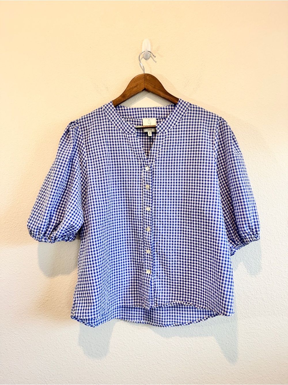 Joie Gingham Puff Sleeve Blouse M Blue White Preppy Coastal Grandmillennial K08